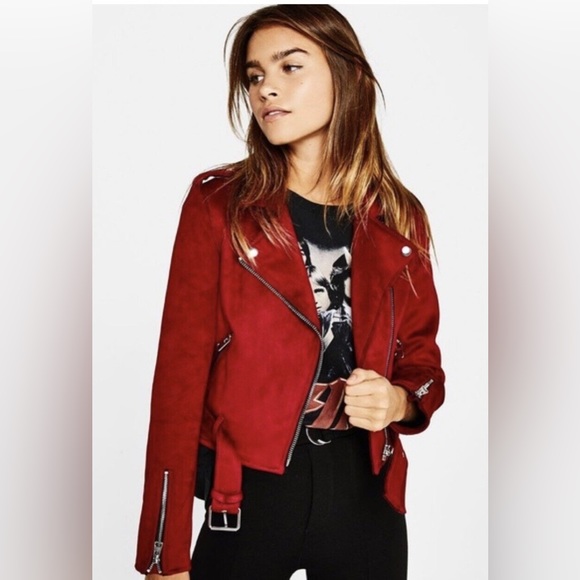 Zara Faux Suede Leather Biker Jacket Red Size Small - Picture 2 of 4